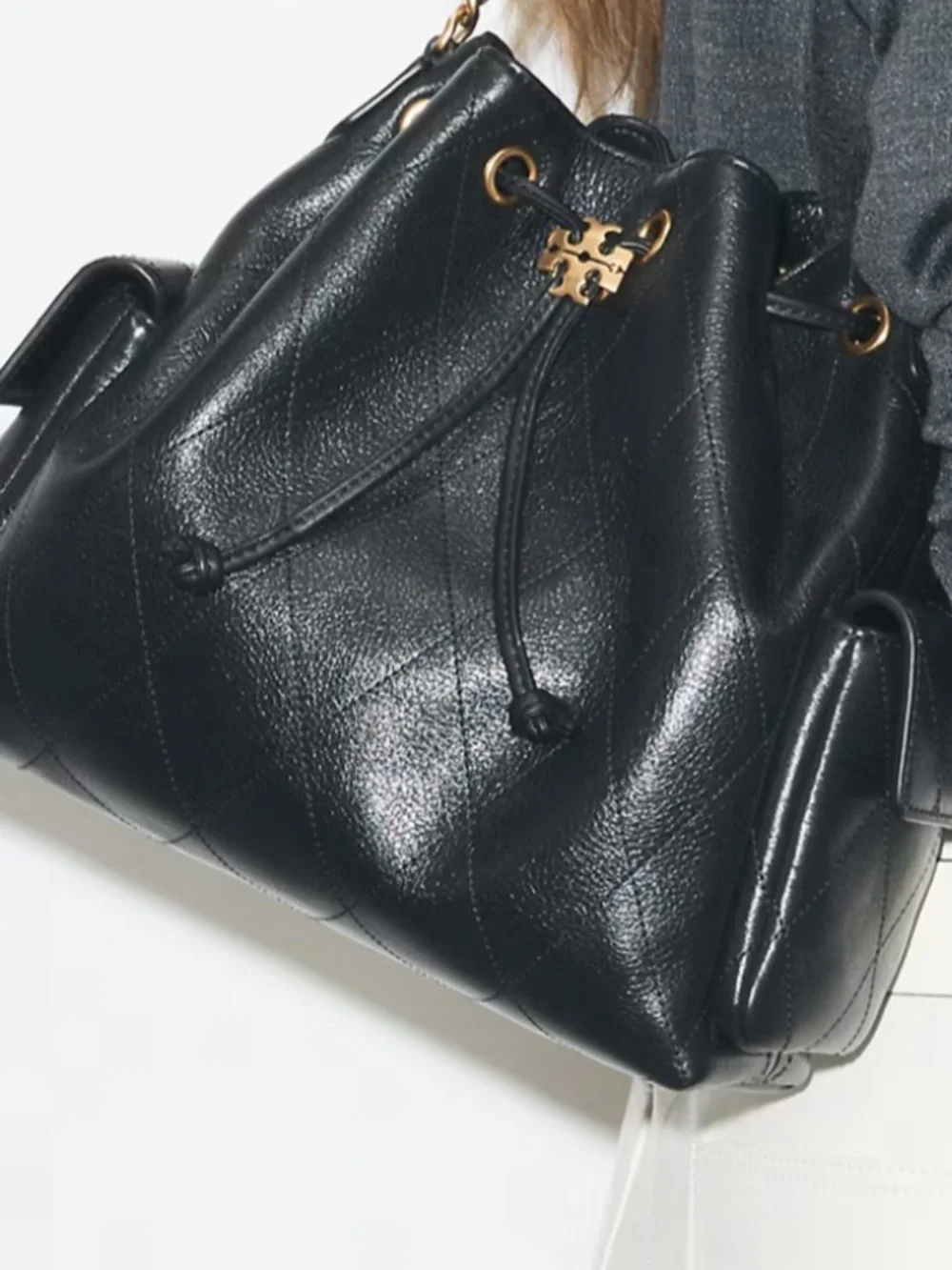 Tory Burch Black Leather Drawstring Bucket Bag with Gold Chain